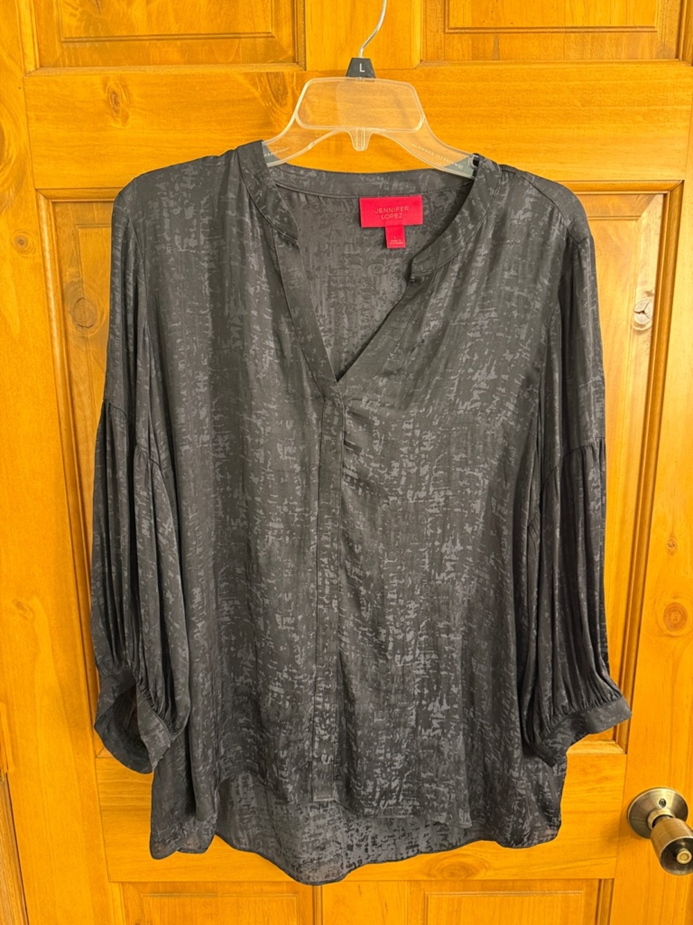 Jennifer Lopez Charcoal Textured V-Neck Blouse with Blouson Sleeves